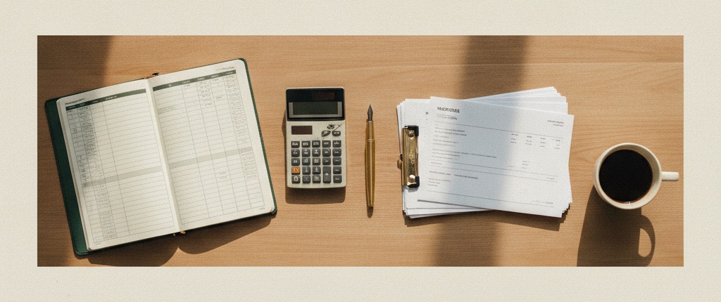 Open accounting ledger, calculator, fountain pen and invoices on a timber desk