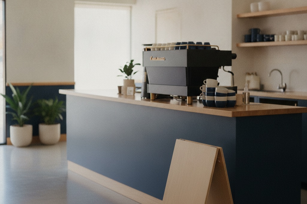Interior of a small independent Shoalhaven cafe counter before opening