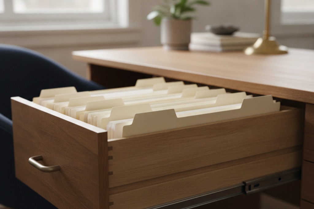 An open filing drawer of neatly ordered client folders in a timber office desk