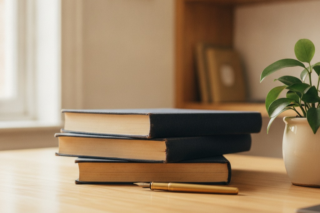A stack of bound accounting ledgers and a fountain pen on a timber desk